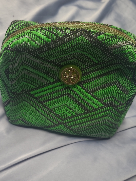 Tory Burch Handbags - Tory Burch Neon Green and Black Woven Cosmetic Pouch with Gold Logo